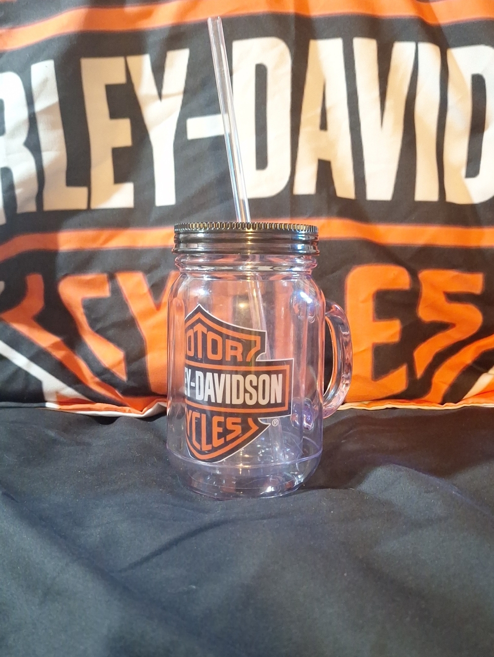 Harley-Davidson Clear Plastic Mason Jar Mug with Black & Orange Logo and Straw